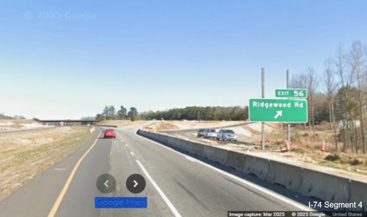 Image of construction approaching the Ridgewood Road exit on current I-74 East, 
	  Google Maps Street View, November 2025