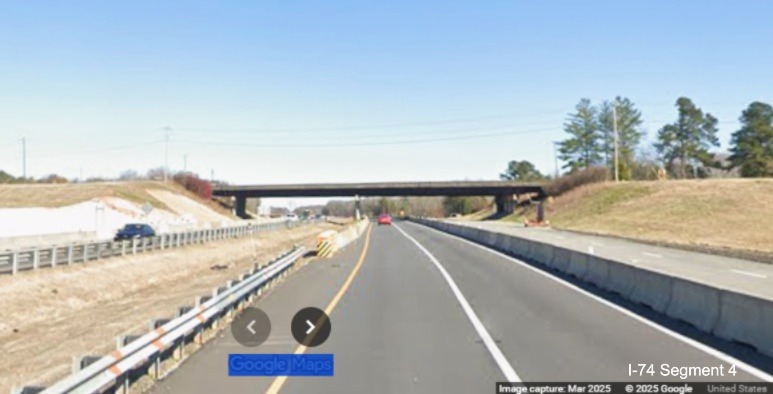 Image of construction approaching the Ridgewood Road bridge on current I-74 East, 
	  Google Maps Street View, November 2025