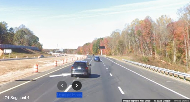 Image of I-74 West lanes entering work zone for Winston-Salem Northern Beltway 
	  interchange after the Union Cross Road exit, Google Maps Street View, November 2025