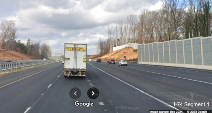 Image of recently opened NC 74 West/Winston-Salem Northern Beltway lanes prior to
      merge with US 52 lanes, December 2024