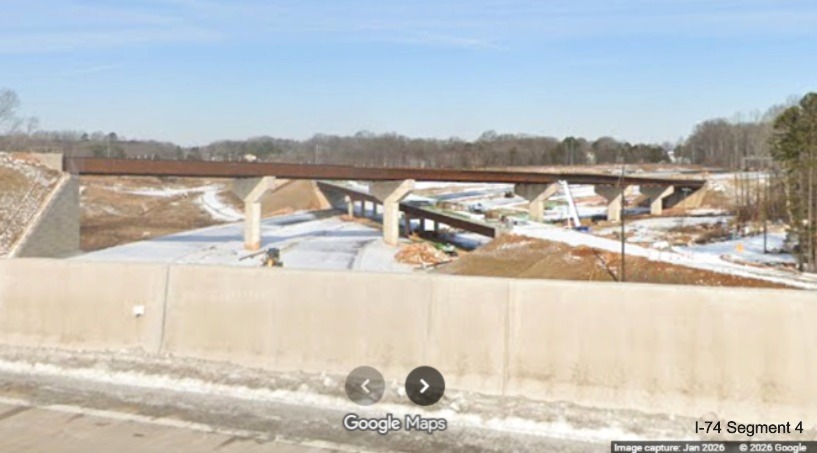 Image of future NC 192 to I-74 West Beltway ramp under construction over the snow 
	  covered future I-74 lanes as part of the Winston- Salem Northern Beltway interchange project, screen grab from Google Maps 
	  Street View, January 2026