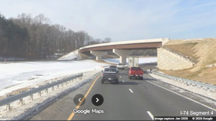 Image of current I-74 West heading under ramp from future NC 192 East to I-74 West 
	  ramp as part of the Winston-Salem Northern Beltway interchange project, screen grab from Google Maps Street View, January 
	  2026