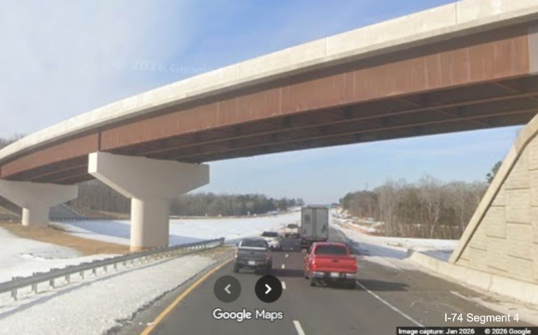 Image of current I-74 West heading under future NC 192 East to I-74 West Beltway 
	  ramp under construction as part of the Winston-Salem Northern Beltway interchange project, screen grab from Google Maps 
	  Street View, January 2026