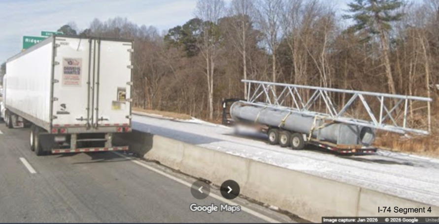 Image of future overhead sign post and supports along current I-74 West prior to the  
	  Ridgewood Road exit as part of the Winston- Salem Northern Beltway interchange project, screen grab from Google Maps Street 
	  View, January 2026