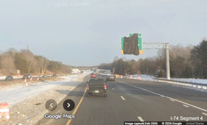 Image of covered over overhead advance sign for I-74 West Beltway from the
	  current I-74 (Future NC 192) East lanes as part of the Winston- Salem Northern Beltway interchange project, screen grab 
	  from Google Maps Street View, February 2026