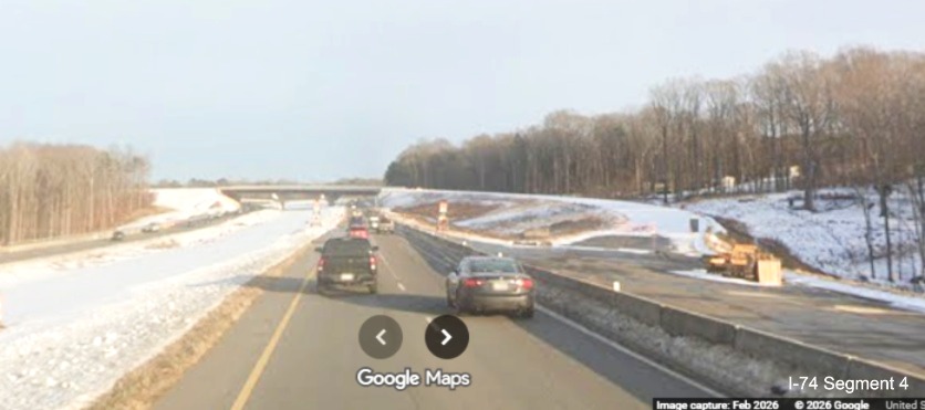 Image of snow covered future I-74 West Beltway exit ramp as seen from the
	  current I-74 (Future NC 192) East lanes as part of the Winston- Salem Northern Beltway interchange project, screen grab 
	  from Google Maps Street View, February 2026