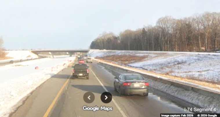 Image of traffic approaching the future I-74 West Beltway exit bridge over
	  current I-74 (Future NC 192) as part of the Winston- Salem Northern Beltway interchange project, screen grab 
	  from Google Maps Street View, February 2026