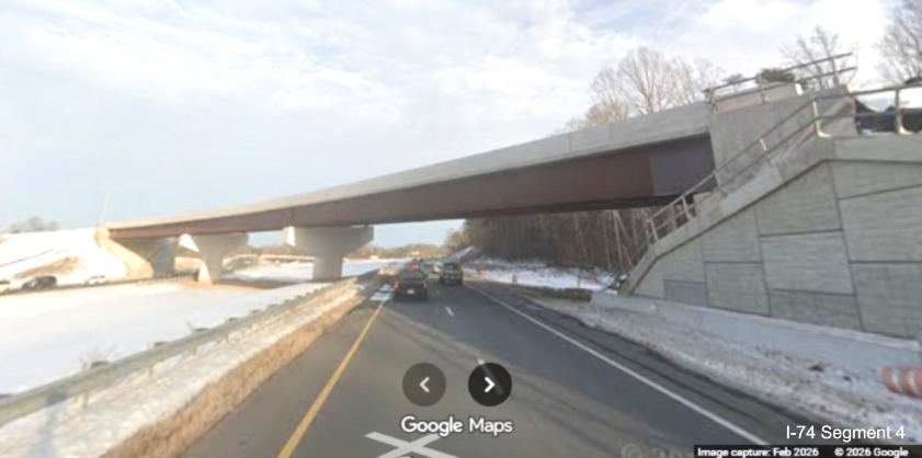 Image of bridge to carry future I-74 West Beltway exit ramp traffic as seen from 
	  current I-74 (Future NC 192) East lanes as part of the Winston- Salem Northern Beltway interchange project, screen grab 
	  from Google Maps Street View, February 2026