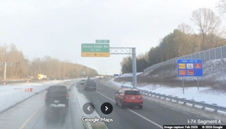 Image of traffic approaching the Union Cross Road interchange on I-74 East as
	  part of the Winston-Salem Northern Beltway interchange project, Google Maps Street View, February 2026