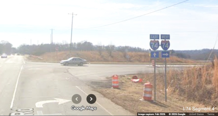 Image of of I-74 trailblazers at the new ramp for Kernersville Road as part of the 
	  Winston- Salem Northern Beltway interchange project, screen grab from Google Maps Street View, February 2026