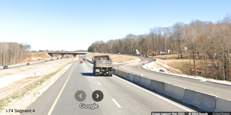 Image of fully paved future on-ramp to the westbound
	  Winston-Salem Northern Beltway interchange on I-74 East, Google Maps Street View, March 2025