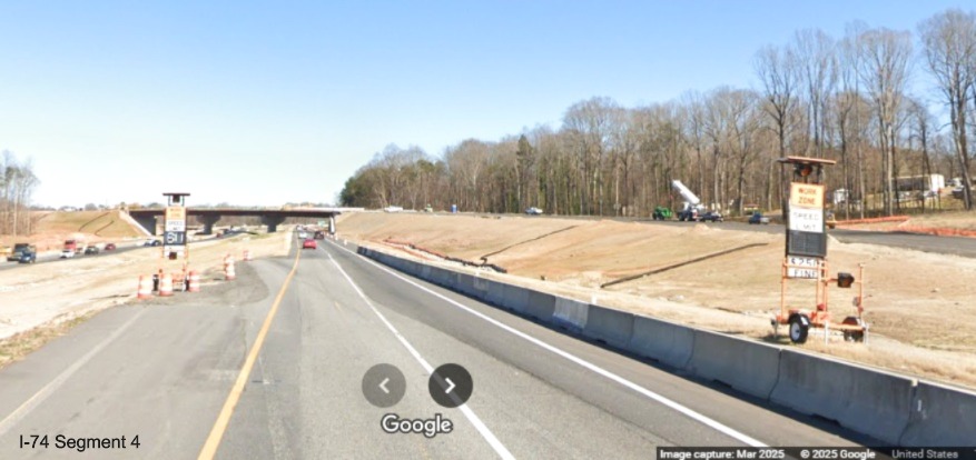 Image of work continuing along future on-ramp to the westbound
	  Winston-Salem Northern Beltway interchange on I-74 East, Google Maps Street View, March 2025