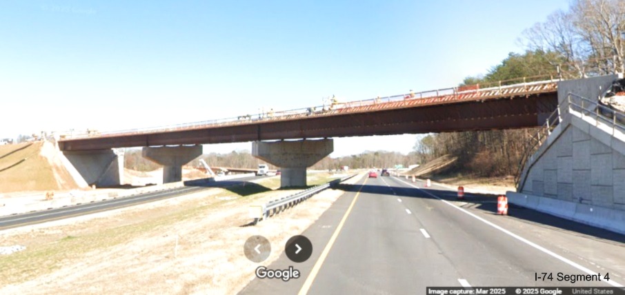 Image of closeup view of the bridge for the future westbound
	  Winston-Salem Northern Beltway west ramp on I-74 East, Google Maps Street View, March 2025