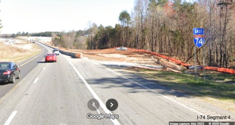 Image of traffic on current I-74 East Beltway approaching continuing construction
	  at Ridgewood Road as part of the Winston- Salem Northern Beltway interchange project, screen grab from Google Maps Street 
	  View, March 2026