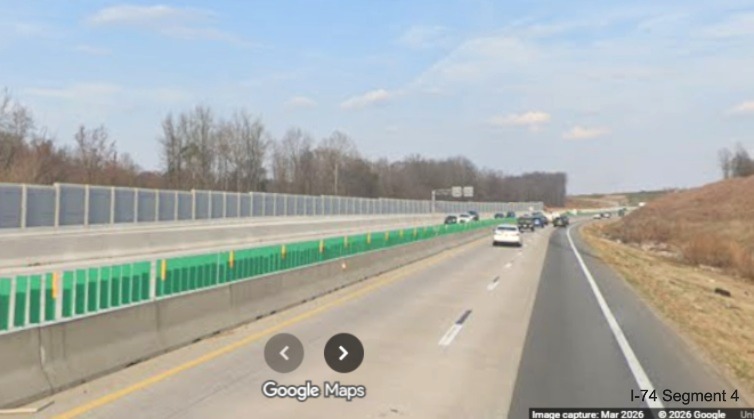 Image of I-40 West traffic still using I-40 East lanes beyond the future Beltway 
	 exit ramp as part of the Winston-Salem Northern Beltway interchange project, screen grab from Google Maps Street View, 
	 March 2026