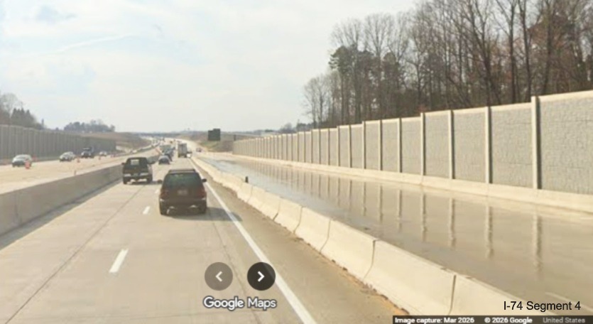 Image of I-40 West traffic still using I-40 East lanes nearly complete to the right 
	 as part of the Winston-Salem Northern Beltway interchange project, screen grab from Google Maps Street View, March 2026