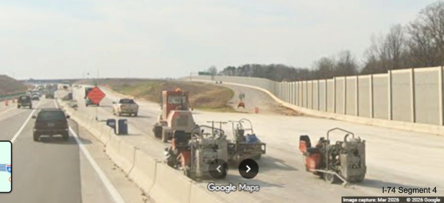 Image of construction equipment on future I-40 West lanes at the future I-74 exit 
	 ramp in the Winston-Salem Northern Beltway interchange project work zone, screen grab from Google Maps Street View, March 2026
