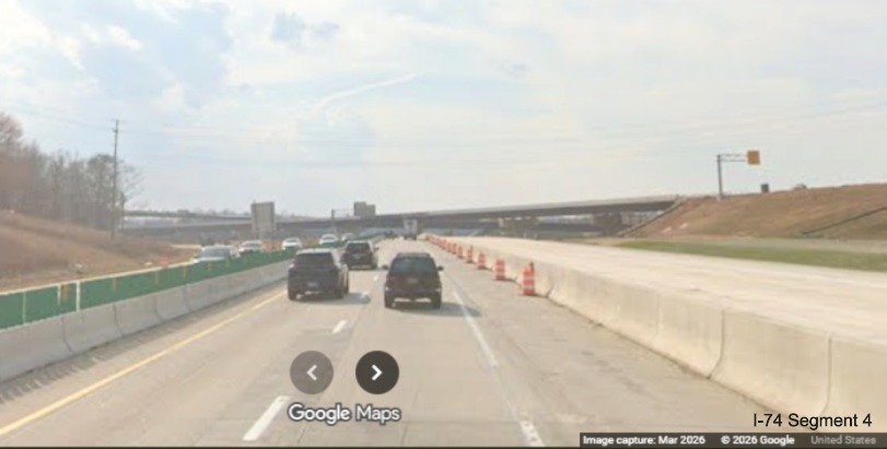 Image of I-40 West traffic still using I-40 East lanes approaching the I-74 Beltway 
	 flyover ramps in the Winston-Salem Northern Beltway interchange work zone, screen grab from Google Maps Street View, March 
	 2026