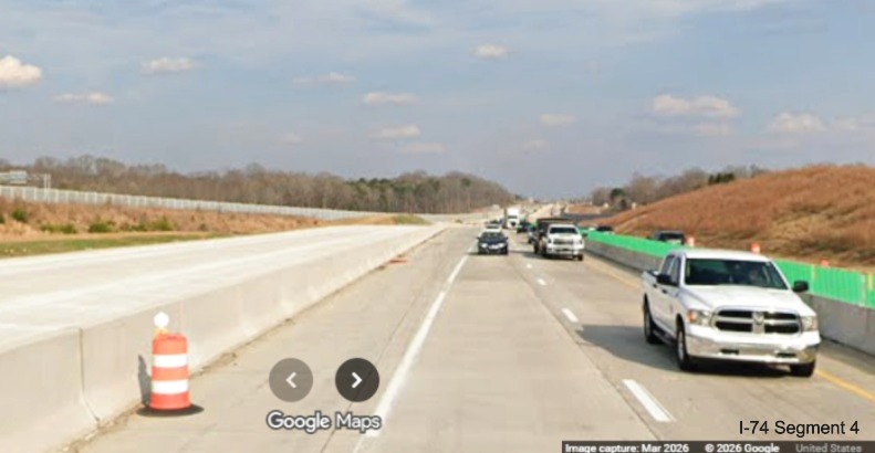 Image of I-40 West traffic still using I-40 East lanes approaching the I-74 Beltway 
	 flyover ramps in the Winston-Salem Northern Beltway interchange work zone, screen grab from Google Maps Street View, March 
	 2026