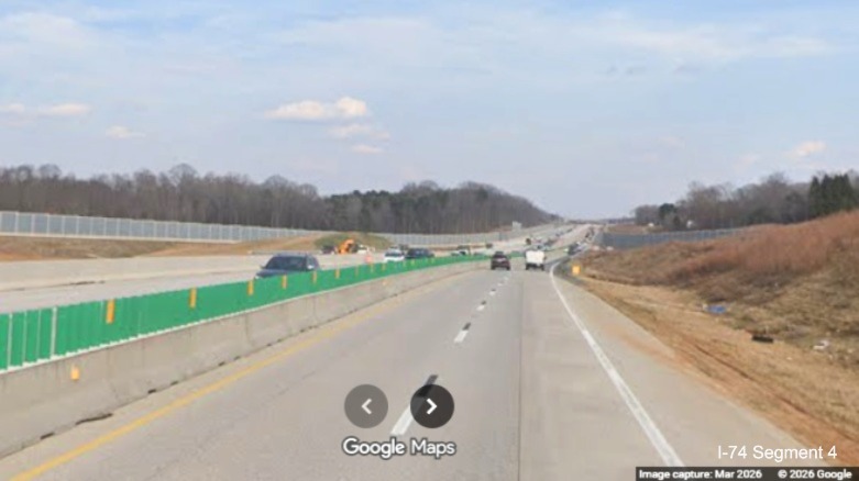 Image of I-40 West traffic still using I-40 East lanes with work continuing in the 
	 work zone as part of the Winston-Salem Northern Beltway interchange project, screen grab from Google Maps Street View, 
	 March 2026