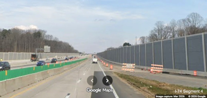Image of of I-40 East traffic approaching the future on-ramp from using I-40 East lanes in the 
	 work zone as part of the Winston-Salem Northern Beltway interchange project, screen grab from Google Maps Street View, 
	 March 2026