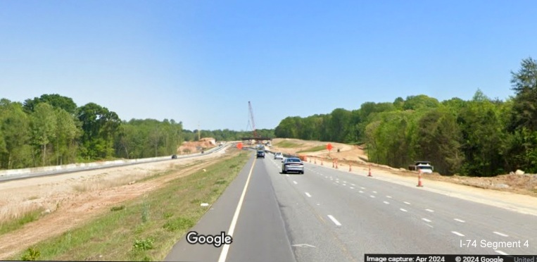 Image of entering the Winston-Salem Northern Beltway interchange work zone on I-74 East, Google 
        Maps Street View, April 2024