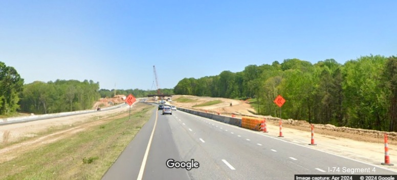 Image approaching the future I-74 West/Winston-Salem Northern Beltway interchange on I-74 East, Google 
        Maps Street View, April 2024