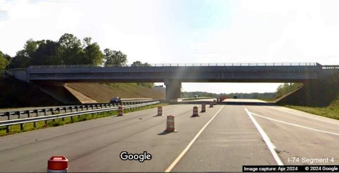 Image of West NC 74 (Future I-74) at ramp from NC 66 approaching University Parkway bridge, 
        Google Maps Street View, April 2024