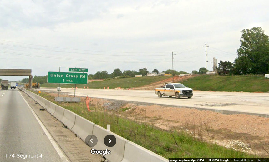 Image of old bridge still standing in the future I-74/Winston-Salem Northern 
        Beltway interchange construction zone on I-40 East in Forsyth County, Google Maps Street View, April 2024