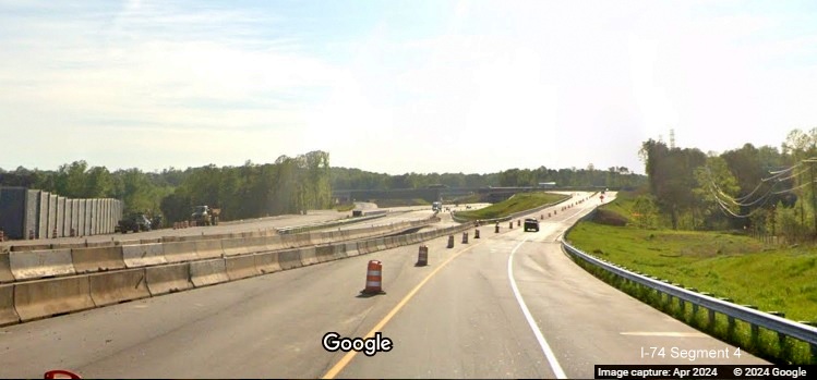 Image of West NC 74 (Future I-74) shifting to temporarily use US 52 South/Future I-274 Beltway ramp, 
        Google Maps Street View, April 2024