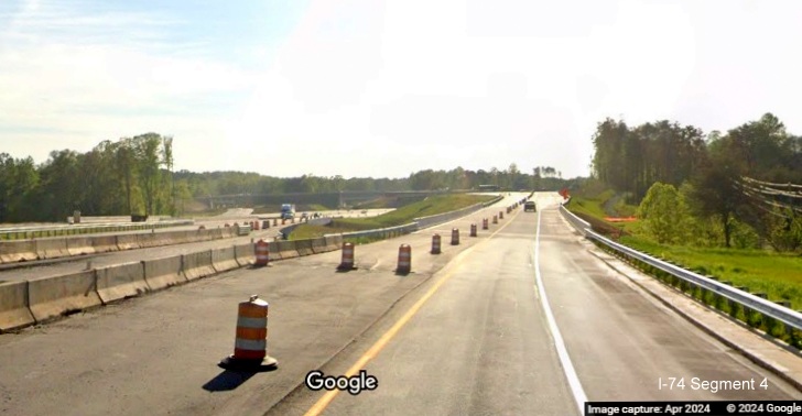 Image of West NC 74 (Future I-74) temporarily using US 52 South/Future I-274 Beltway ramp, 
        Google Maps Street View, April 2024