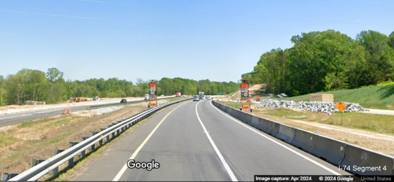 Image of shifting of I-74 East lanes after the future I-74 West/Winston-Salem Northern Beltway 
        interchange, Google Maps Street View, April 2024