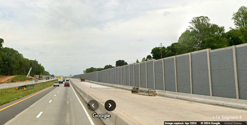 Image of completed third lane after the future I-74/Winston-Salem Northern 
        Beltway interchange on I-40 East in Forsyth County, Google Maps Street View, April 2024