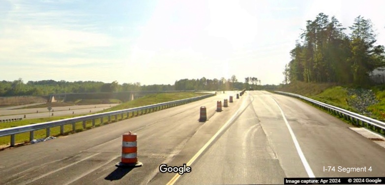 Image of NC 74 (Future I-74) West temporarily using US 52 South/Future I-274 Beltway ramp near
        NC 65 ramp split, Google Maps Street View, April 2024