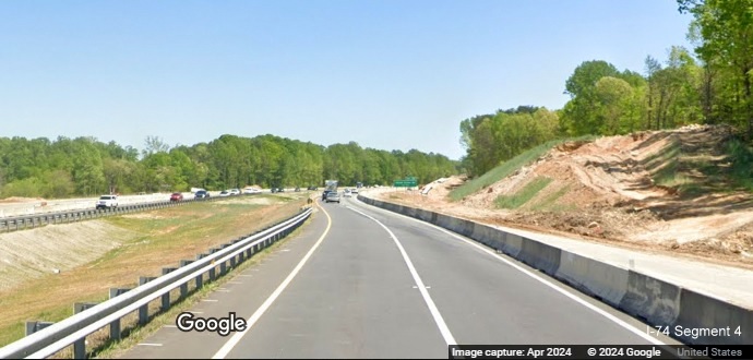 Image of I-74 East in Winston-Salem Northern Beltway interchange work zone, Google 
        Maps Street View, April 2024