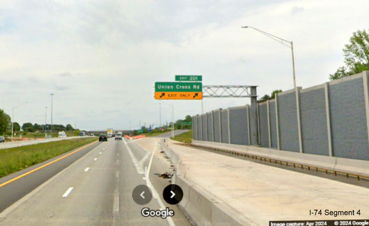 Image of new overhead ramp sign for the Union Cross Road exit at the eastern end of the 
        future I-74/Winston-Salem Northern Beltway interchange construction zone on I-40 East in Forsyth County, Google Maps Street View, April 2024