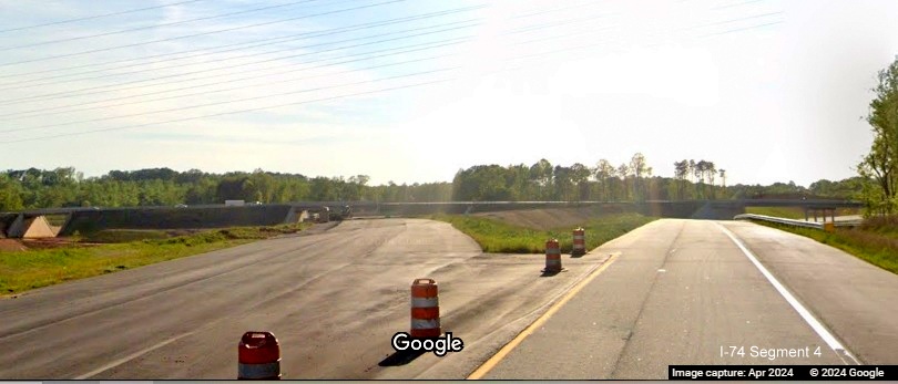 Image of future US 52 South/Future I-274 Beltway ramp from split of ramp with NC 74 West,
        Google Maps Street View, April 2024