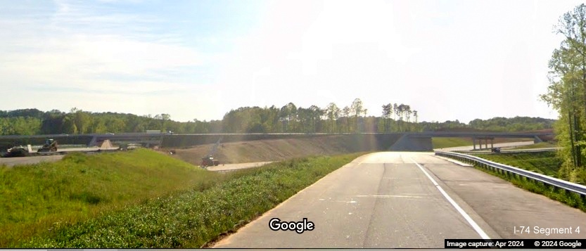 Image of West NC 74 (Future I-74) temporarily using To NC 65 ramp to access US 52 North,
        Google Maps Street View, April 2024