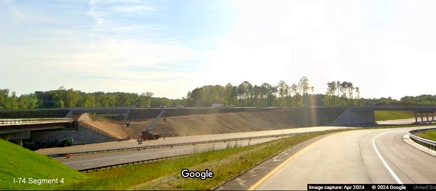 Image of NC 74 (Future I-74) lanes still under construction as part of US 52 interchange work
        zone, Google Maps Street View, April 2024