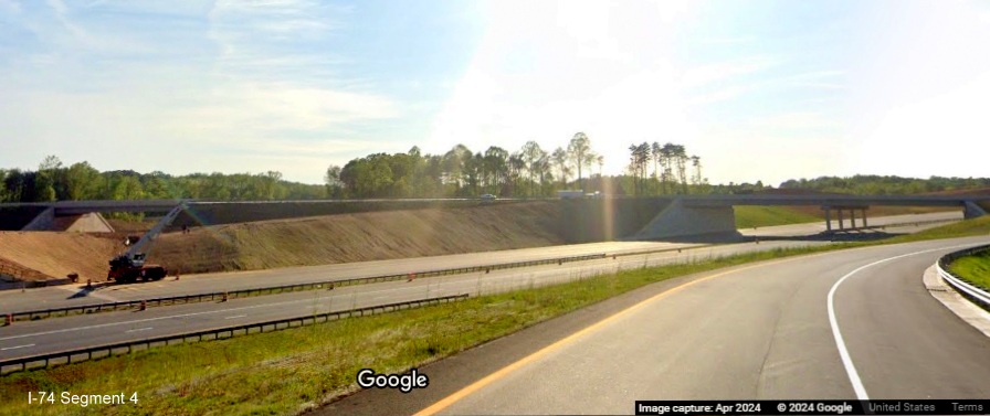 Image of Future I-74 lanes from ramp temporarily carrying NC 74 West traffic, Google Maps Street View, April 2024