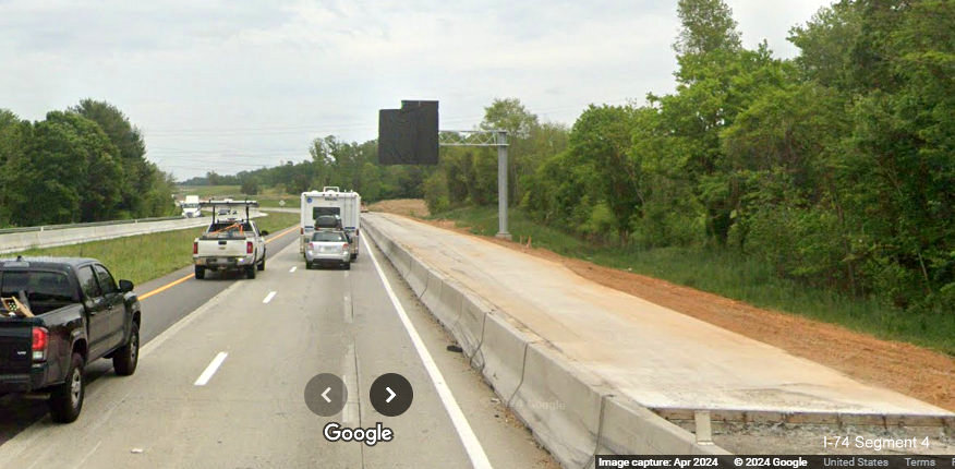 Image entering Future I-74/Winston-Salem Northern Beltway interchange construction zone on 
       I-40 East in Forsyth County, Google Maps Street View, April 2024