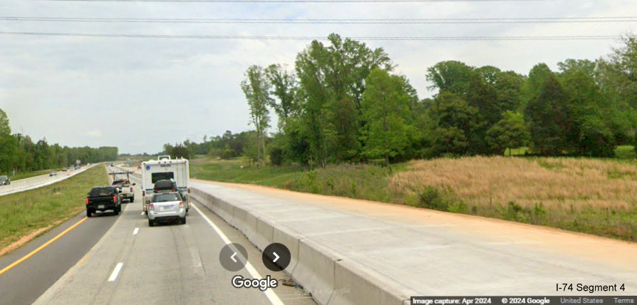 Image of new concrete lanes prior to future I-74/Winston-Salem Northern Beltway interchange 
       on I-40 East in Forsyth County, Google Maps Street View, April 2024