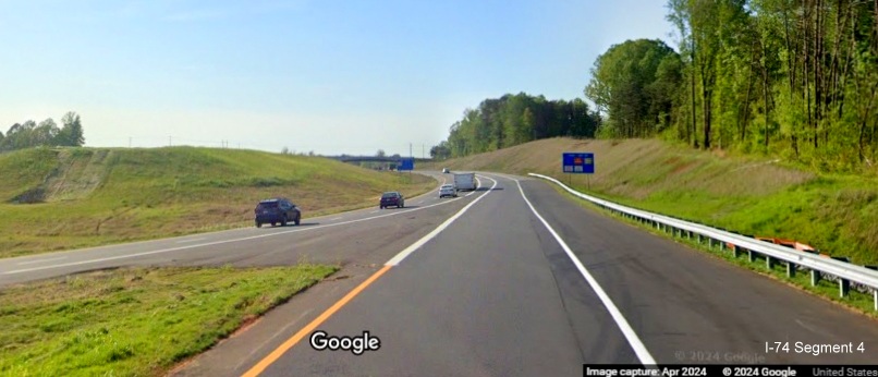 Image of current NC 74 West ramp meeting US 52 North lanes still under construction as part of 
        Beltway interchange project construction, Google Maps Street View, April 2024