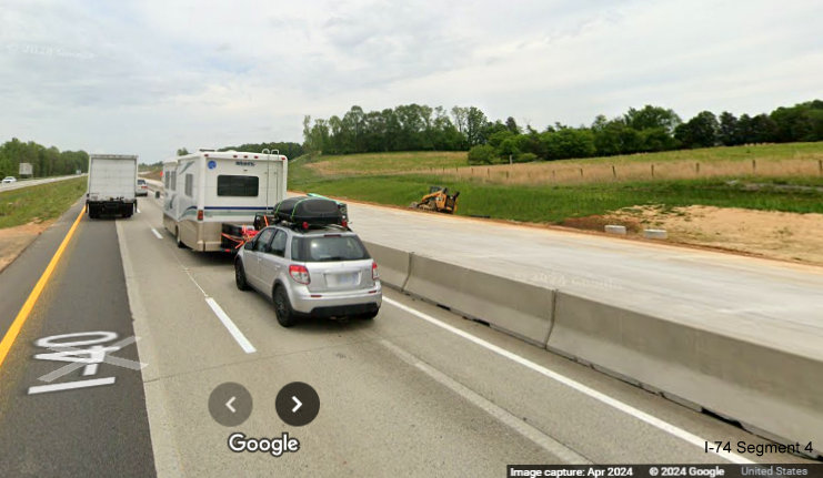 Image of recently placed foundation for future I-74/Winston-Salem Northern Beltway exit sign on 
       I-40 East in Forsyth County, Google Maps Street View, April 2024