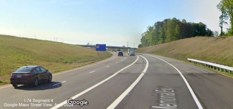 Image of NC 74 West lanes merging with US 52 North lanes approaching NC 65 bridge, Google Maps 
        Street View, April 2024