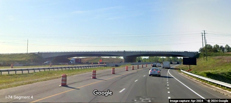 Image of US 52 North lanes approaching NC 65 bridge, Google Maps Street View, April 2024