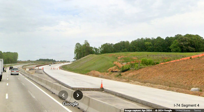 Image of future I-40 East lanes from current lane after future I-74/Winston-Salem Northern 
        Beltway interchange off-ramp on I-40 East in Forsyth County, Google Maps Street View, April 2024