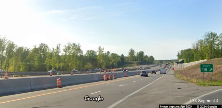 Image of US 52 (Future I-74) lanes from NC 65 exit ramp, Google Maps Street View, April 2024