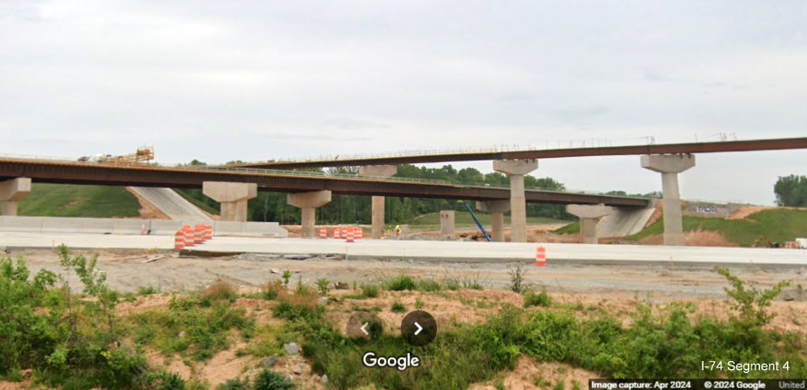 Image of the crossover of two ramps for the future I-74/Winston-Salem Northern Beltway interchange 
       on I-40 East in Forsyth County, Google Maps Street View, April 2024