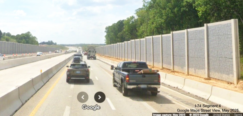 Image of start of construction zone for Winston-Salem Northern Beltway interchange
	  on I-40 West, Google Maps Street View, May 2025